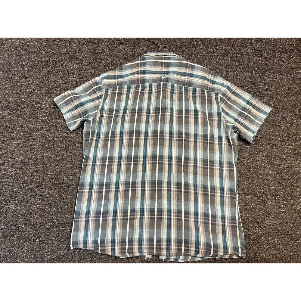Kuhl Button Shirt Mens XL Blue Plaid Short Sleeve Outdoor Hiking Top Linen Blend - Picture 2 of 6